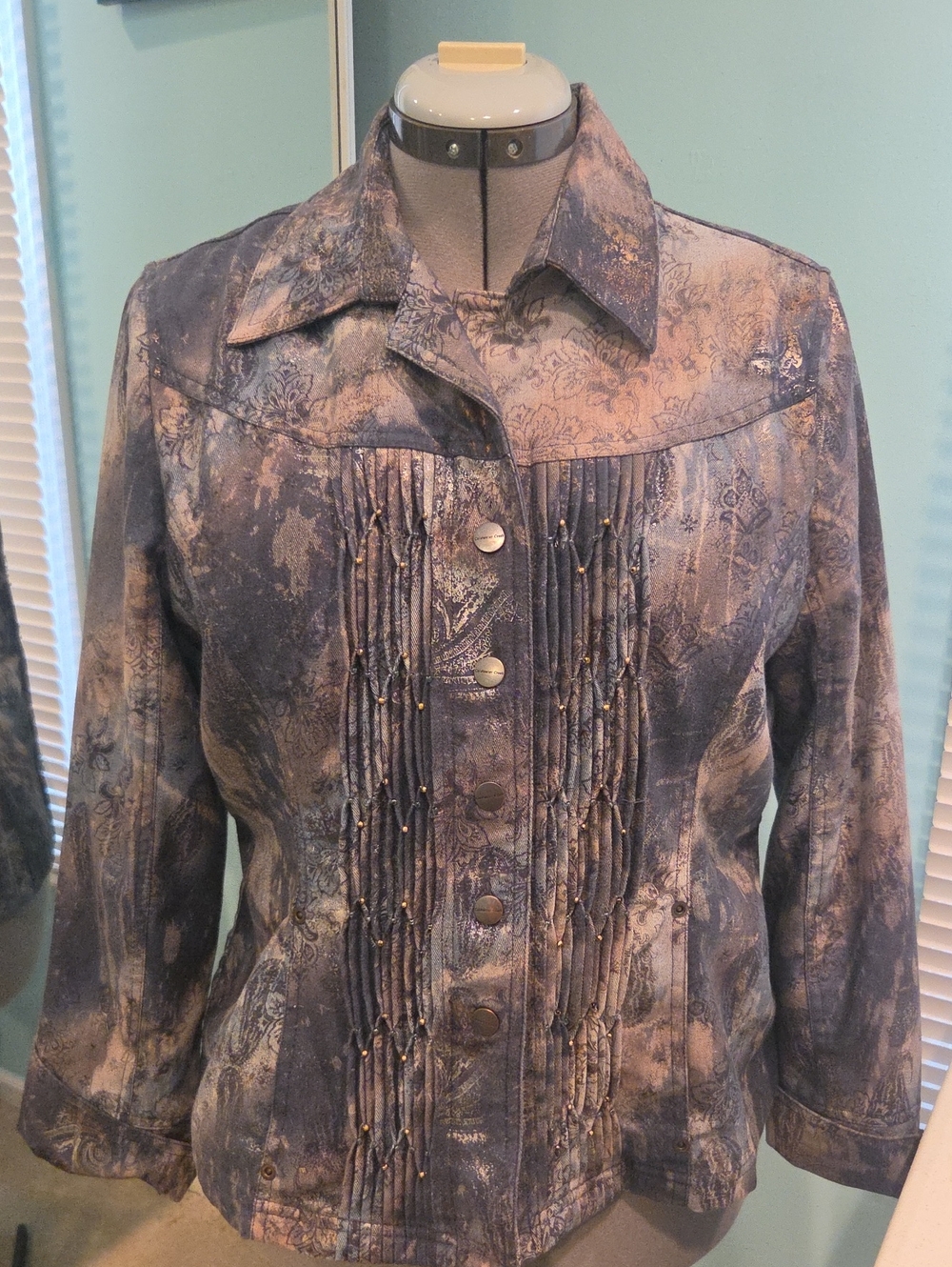 Coldwater Creek Blue and Gray Patterned Jean Jacket with Pintuck Beading